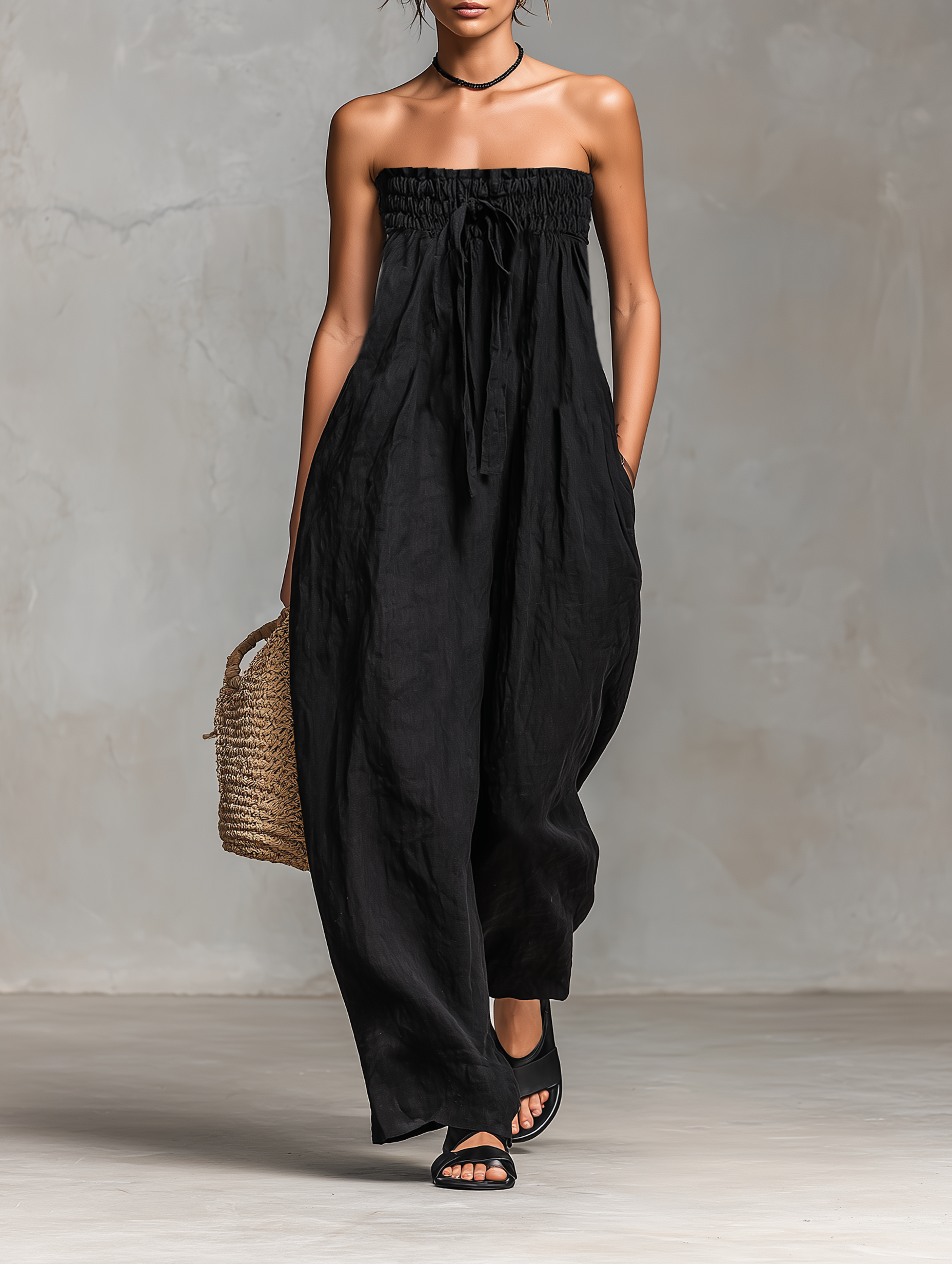 Linen Blend Strapless Jumpsuit for Women - Minimalist Loose Fit with Tie Closure