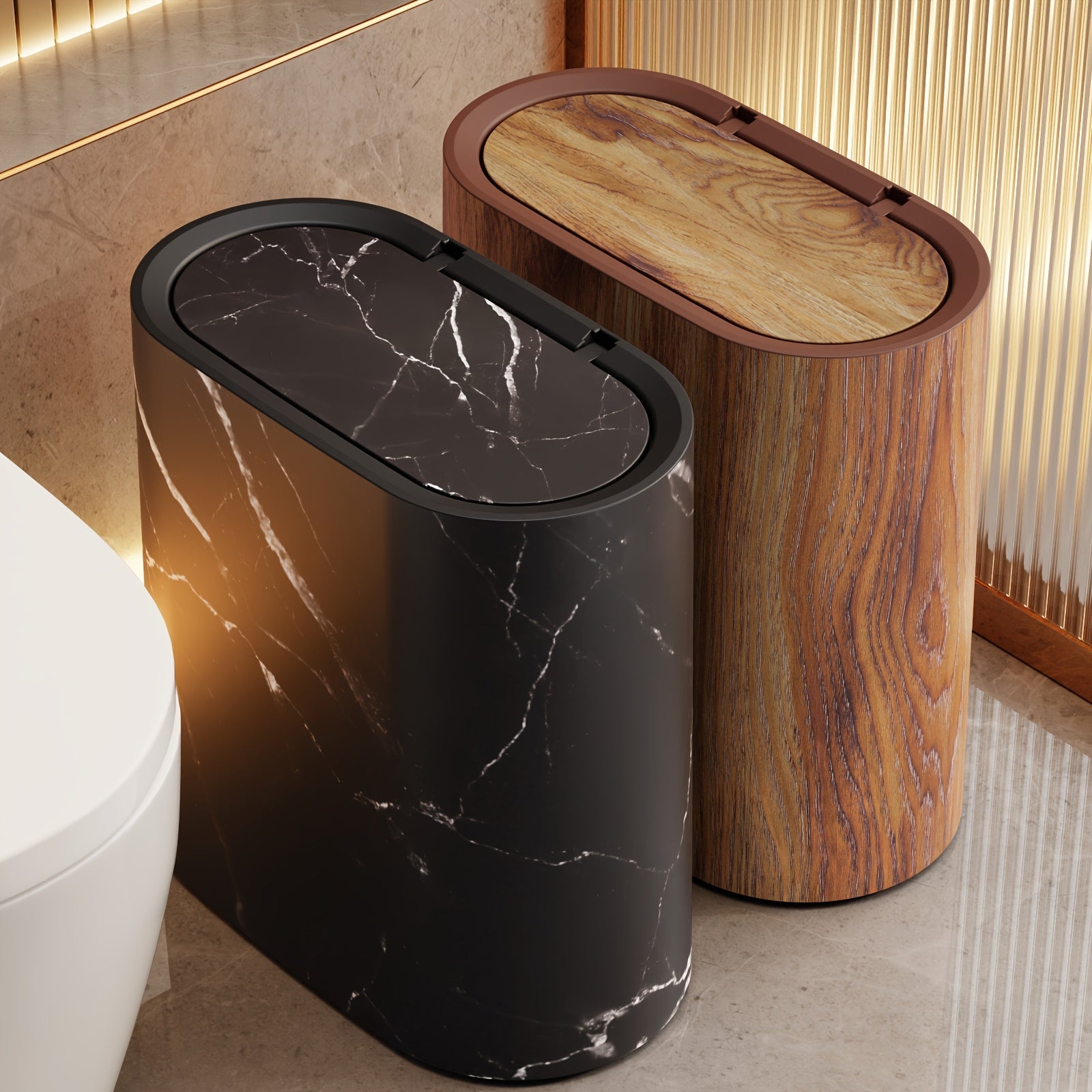 Marble Pattern Trash Can | Modern Bathroom & Kitchen Bin with Lid – Home, Space-Saving