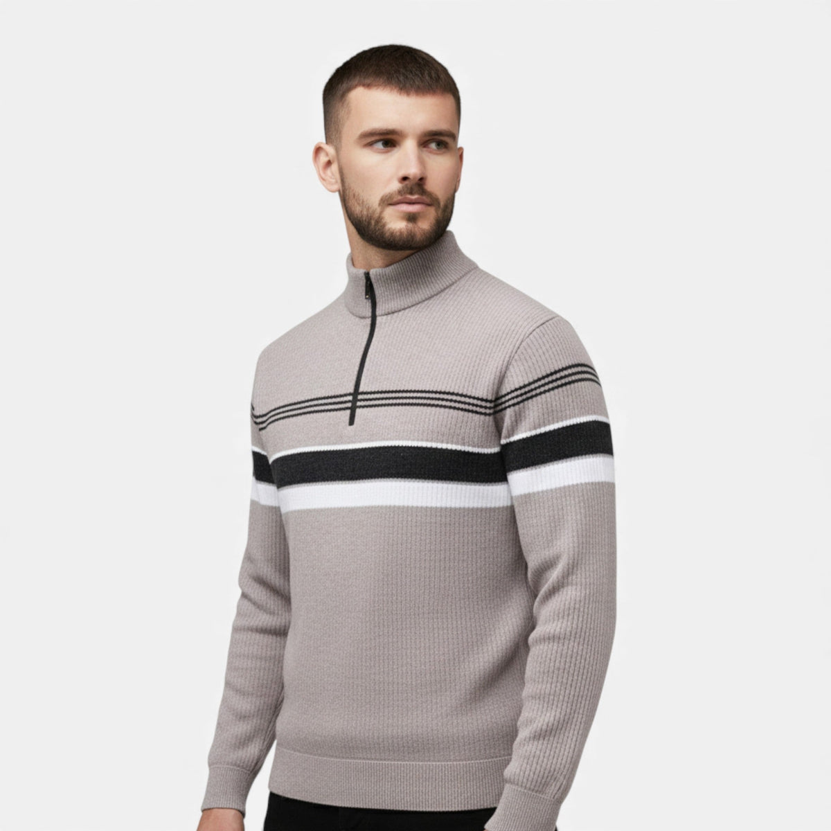 Men's Half-Zip Knit Sweater, Thick Striped Design – Casual Wear, Winter Fashion