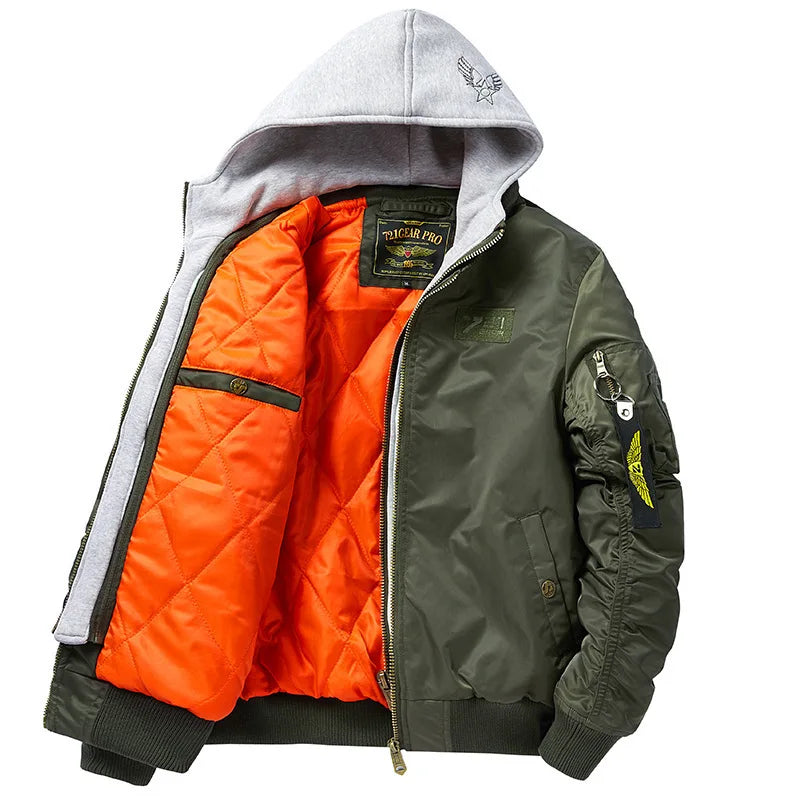 Men's Hooded Bomber Jacket - Military Style, Multiple Pockets – Casual, Outdoor