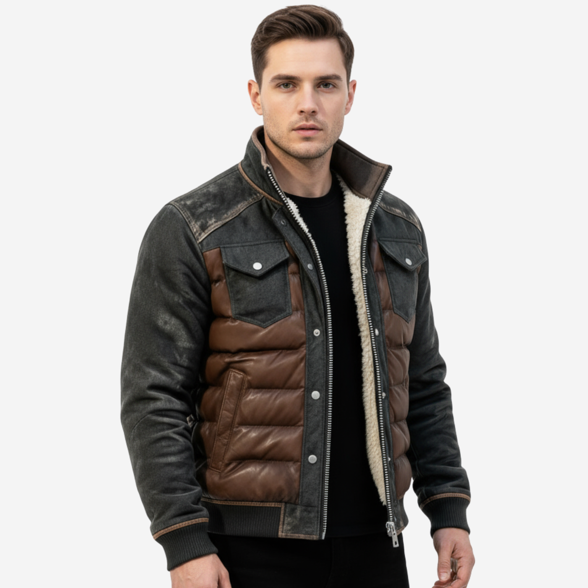 Men's Hybrid Quilted Jacket - Insulated, Denim Look – Winter, Casual Wear