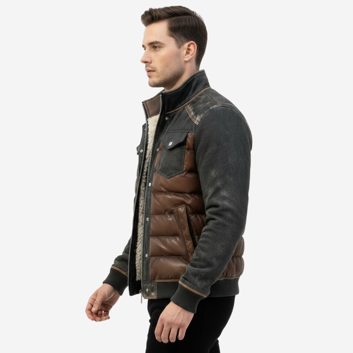 Men's Hybrid Quilted Jacket - Insulated, Denim Look – Winter, Casual Wear