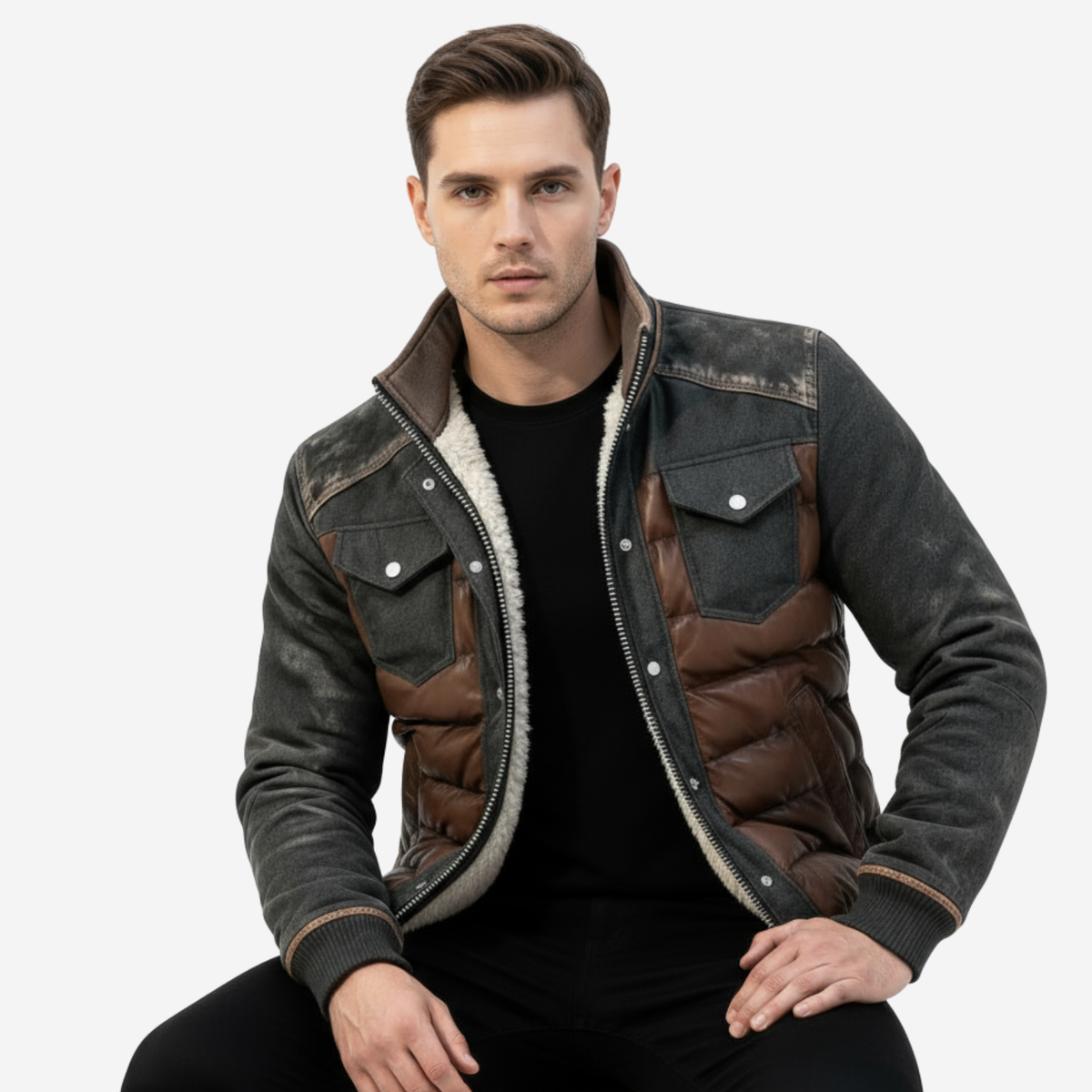 Men's Hybrid Quilted Jacket - Insulated, Denim Look – Winter, Casual Wear
