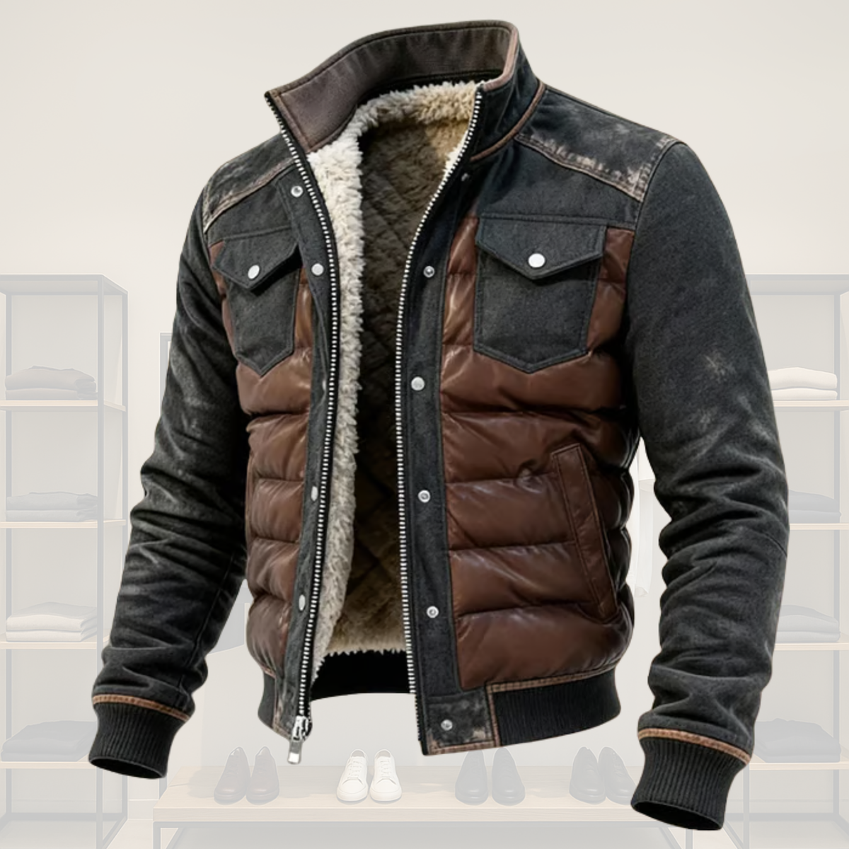 Men's Hybrid Quilted Jacket - Insulated, Denim Look – Winter, Casual Wear