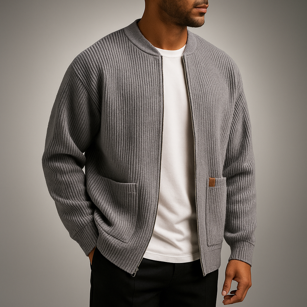 Men's Knit Sweater with Stand Collar, Textured Rib – Casual Wear, Everyday Style