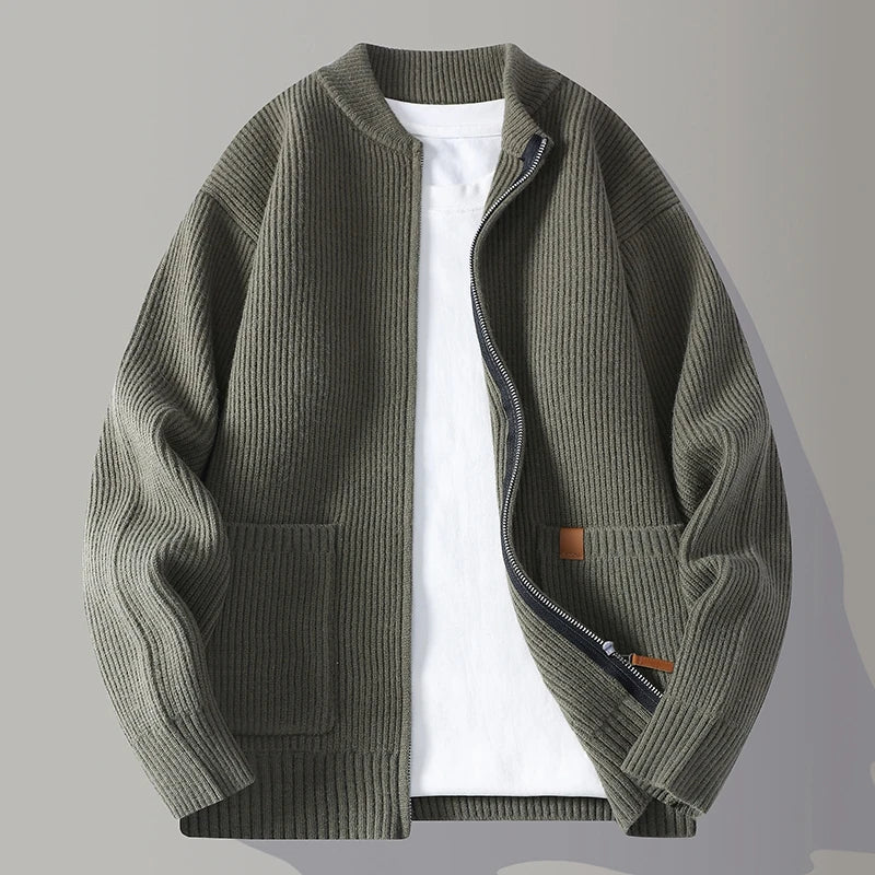 Men's Knit Sweater with Stand Collar, Textured Rib – Casual Wear, Everyday Style