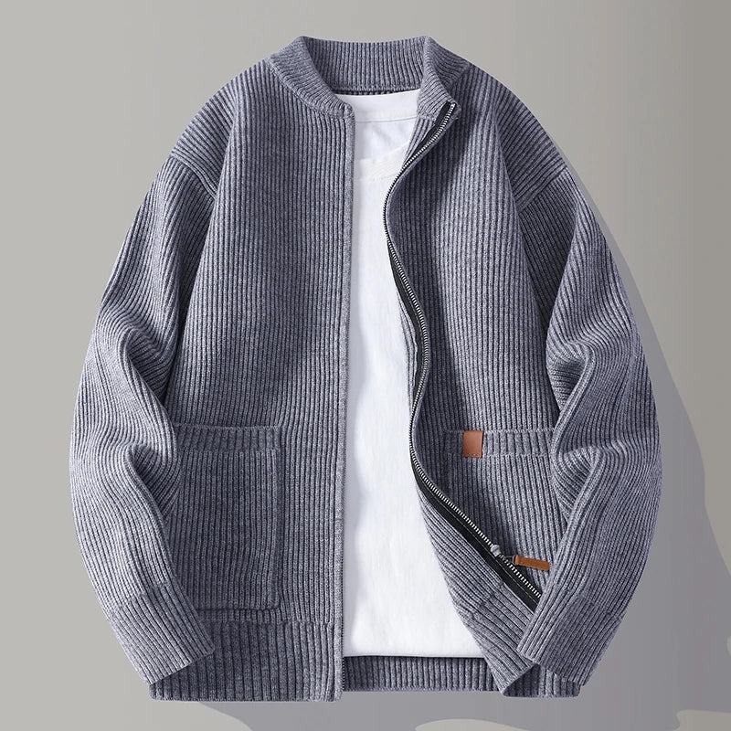 Men's Knit Sweater with Stand Collar, Textured Rib – Casual Wear, Everyday Style
