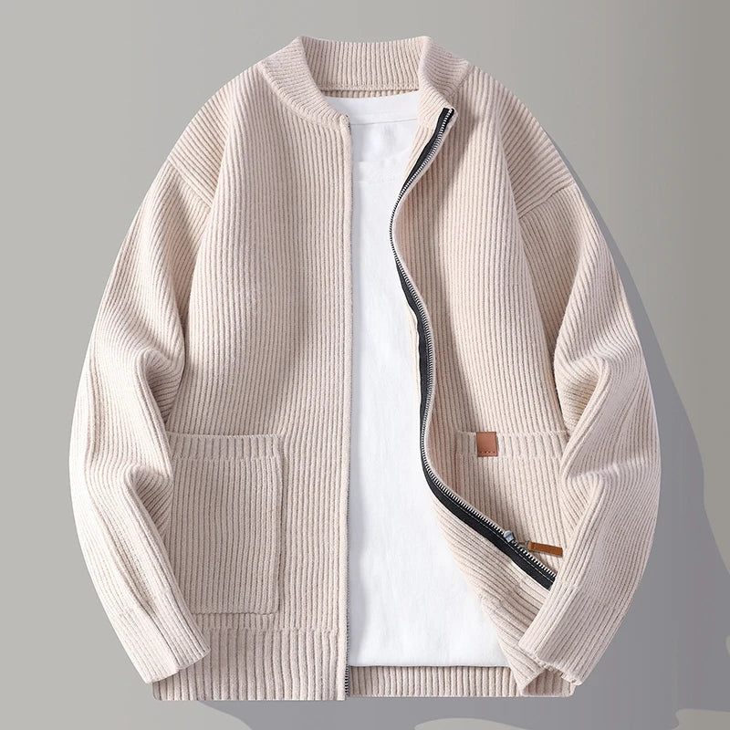 Men's Knit Sweater with Stand Collar, Textured Rib – Casual Wear, Everyday Style