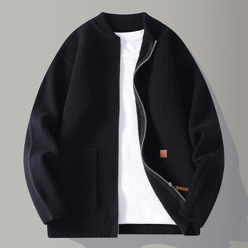 Men's Knit Sweater with Stand Collar, Textured Rib – Casual Wear, Everyday Style