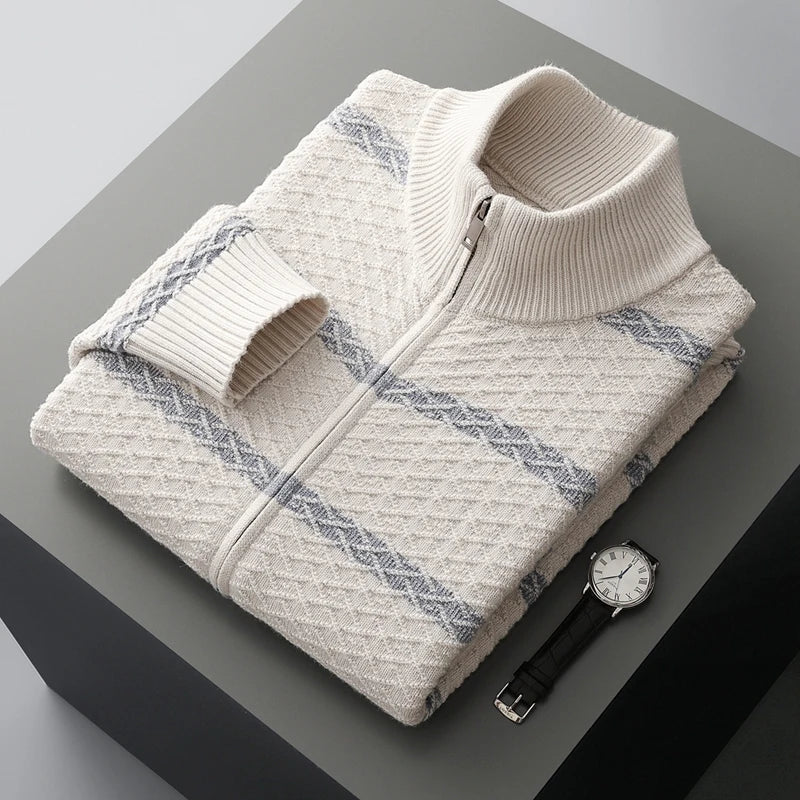Men's Knit Zip Jacket with Woven Pattern – Casual Wear, Outdoor Activities