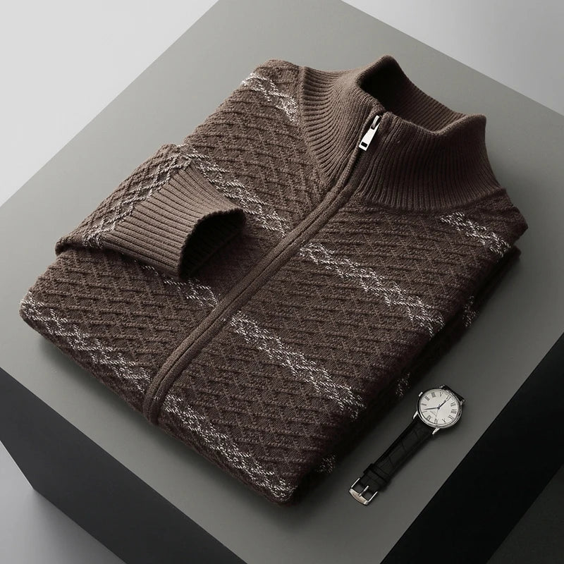 Men's Knit Zip Jacket with Woven Pattern – Casual Wear, Outdoor Activities