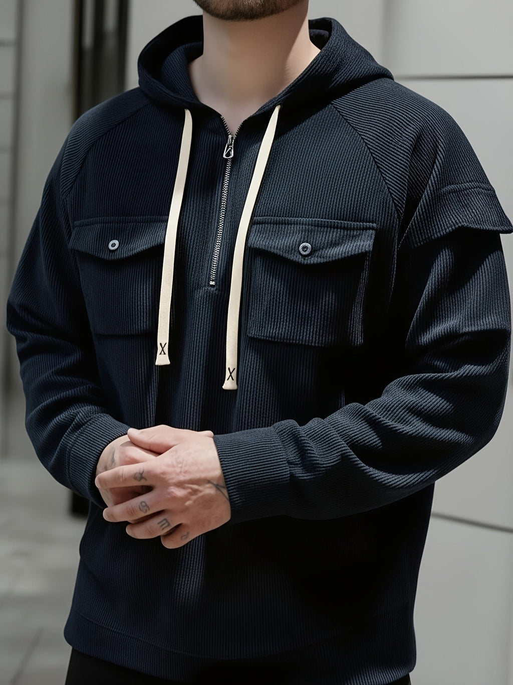 Men's Quarter-Zip Hoodie with Chest Pockets – Casual Wear, Outdoor Activities