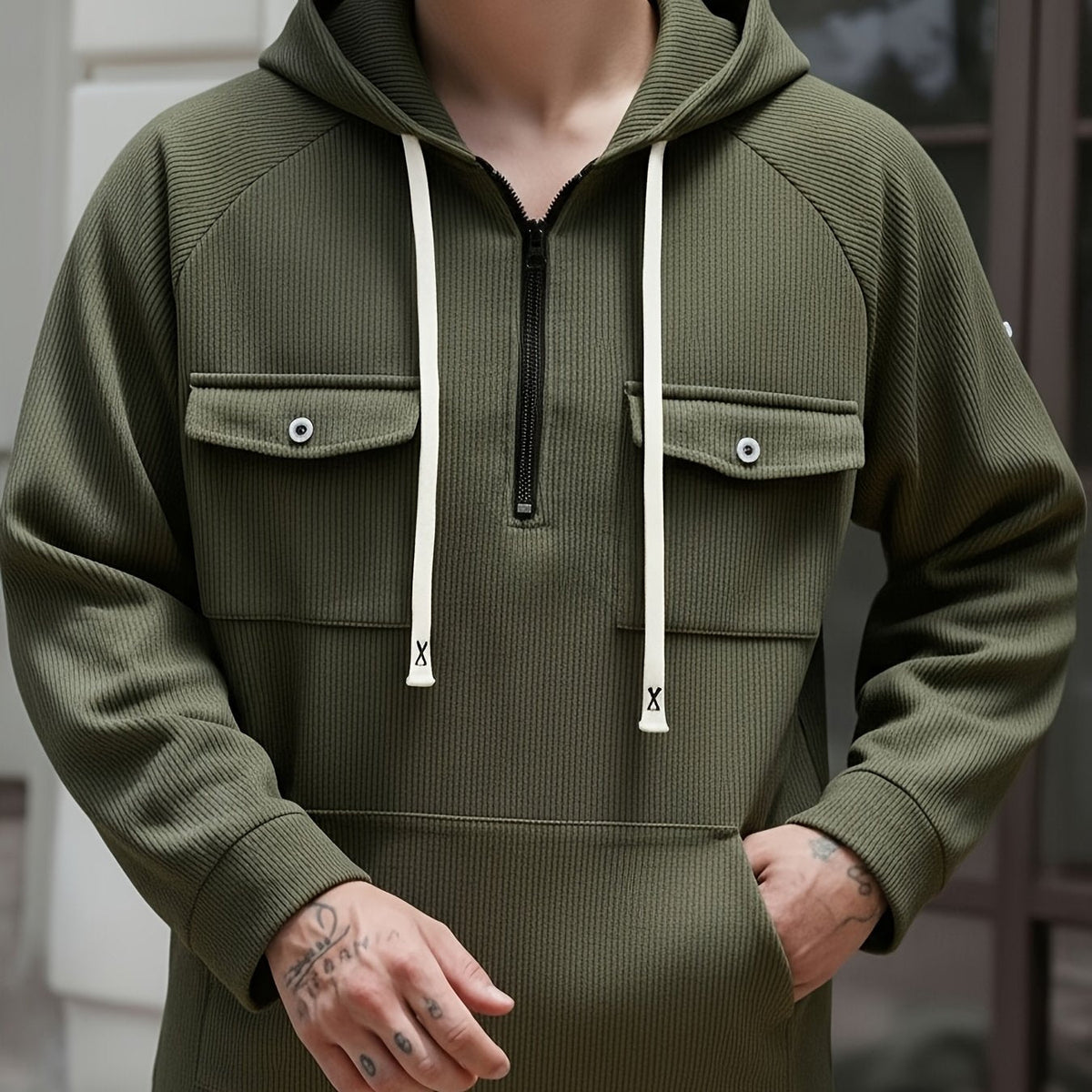 Men's Quarter-Zip Hoodie with Chest Pockets – Casual Wear, Outdoor Activities