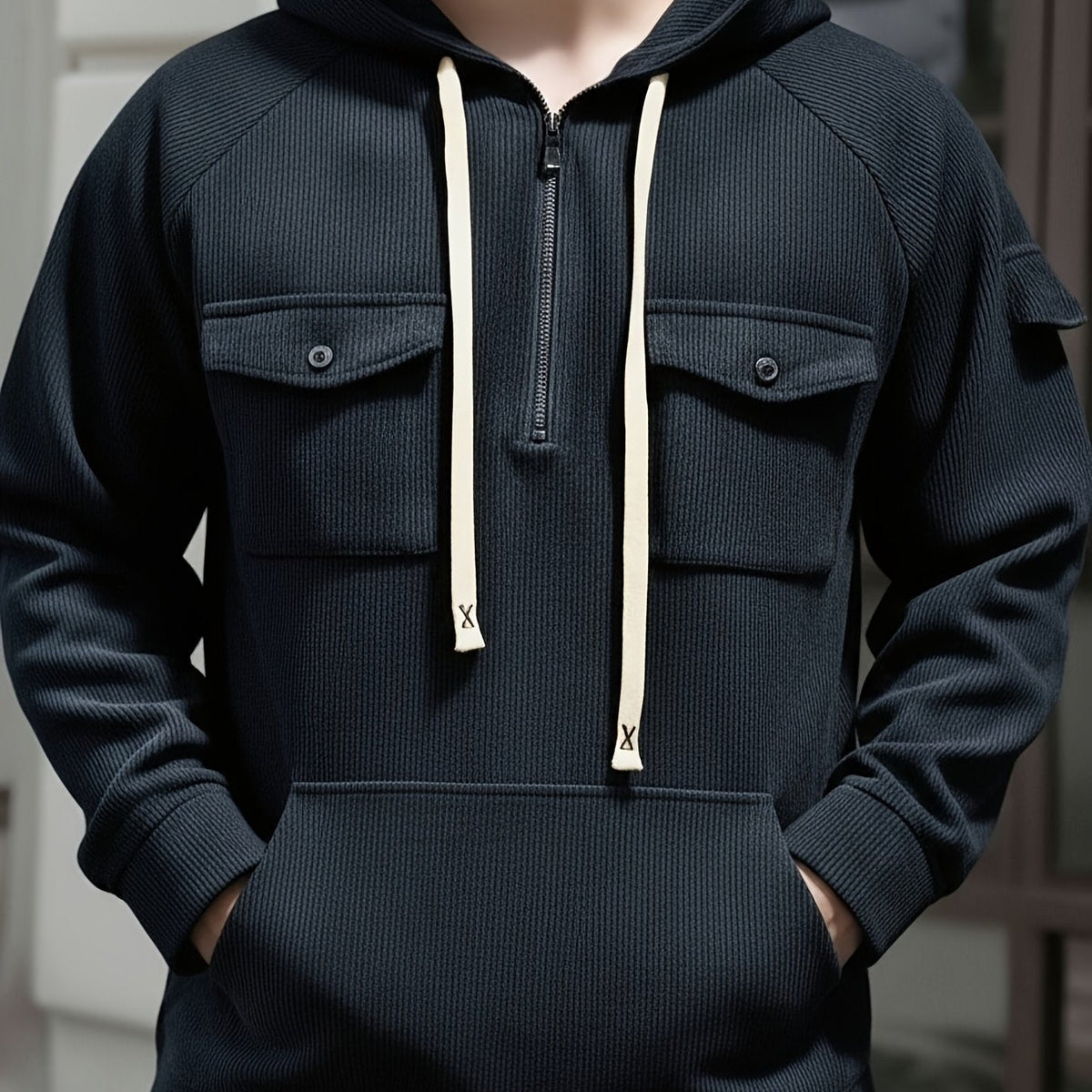 Men's Quarter-Zip Hoodie with Chest Pockets – Casual Wear, Outdoor Activities