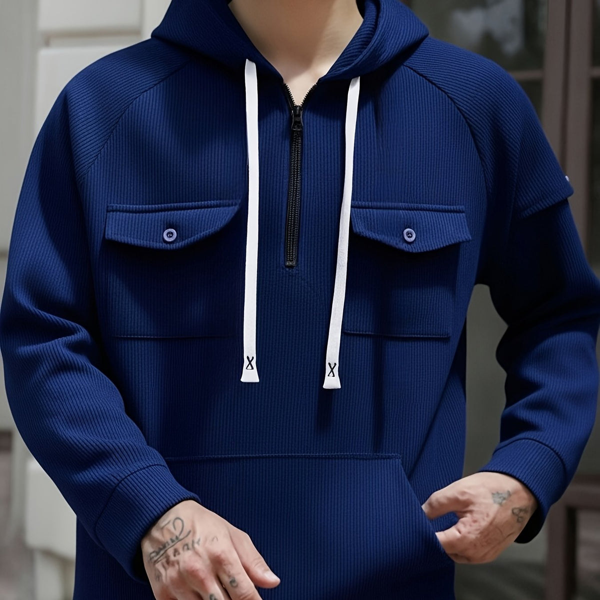 Men's Quarter-Zip Hoodie with Chest Pockets – Casual Wear, Outdoor Activities