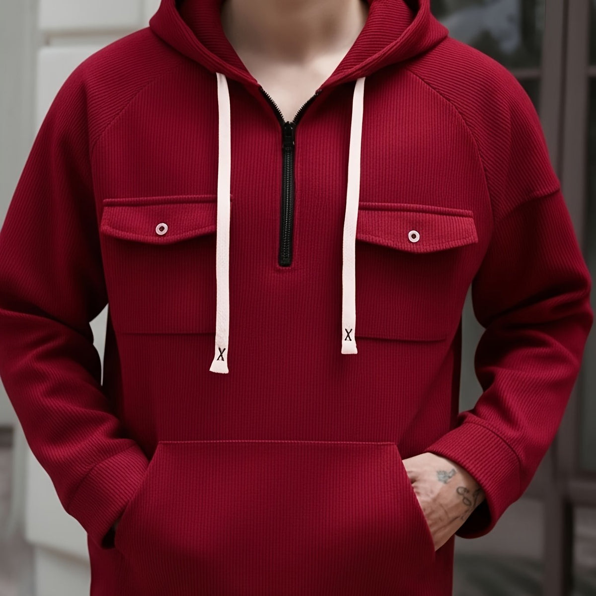 Men's Quarter-Zip Hoodie with Chest Pockets – Casual Wear, Outdoor Activities