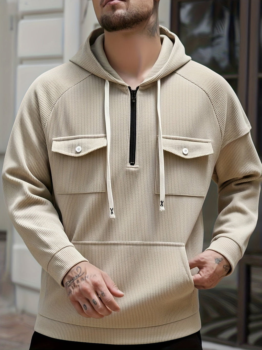 Men's Quarter-Zip Hoodie with Chest Pockets – Casual Wear, Outdoor Activities