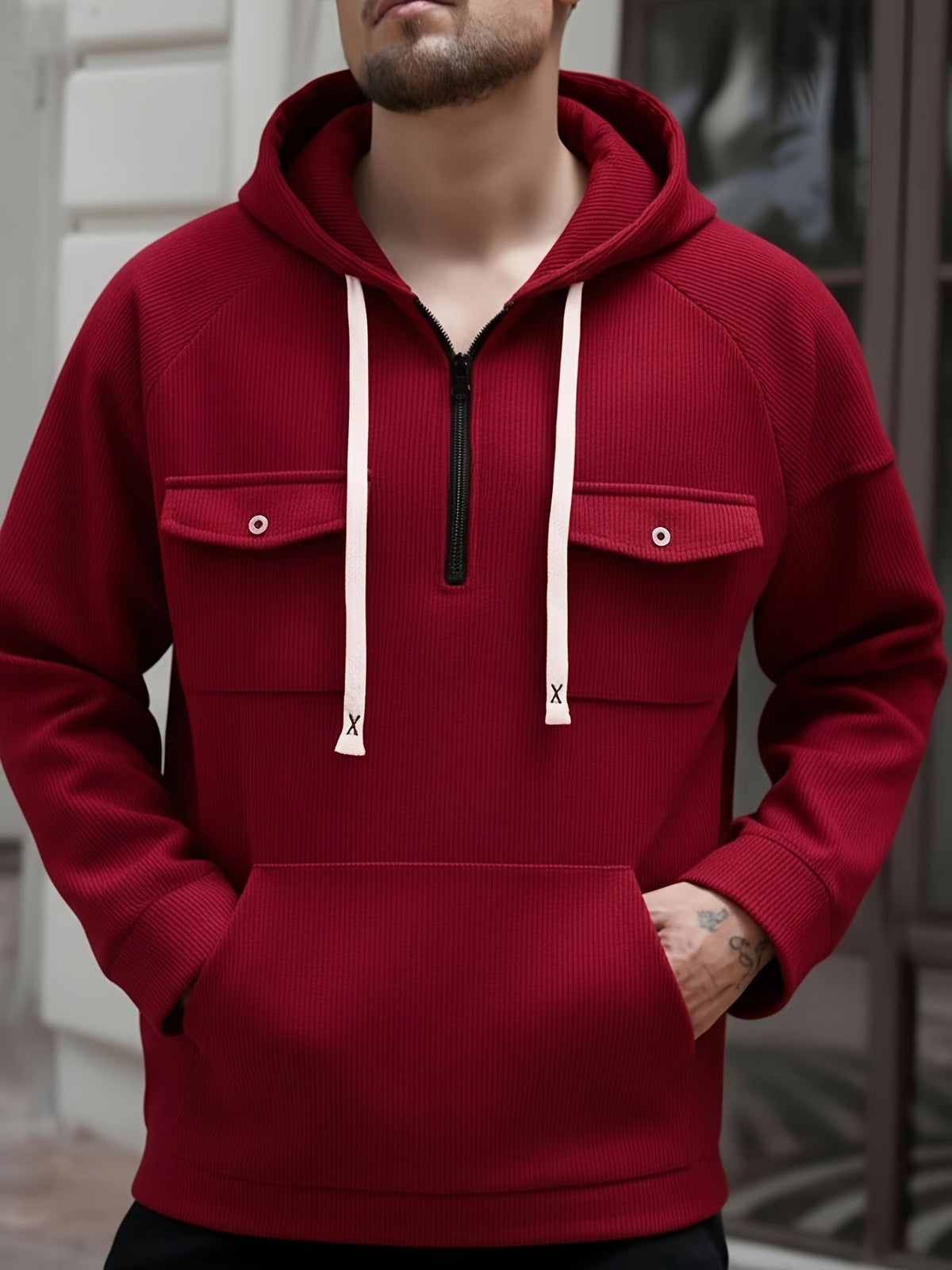 Men's Quarter-Zip Hoodie with Chest Pockets – Casual Wear, Outdoor Activities