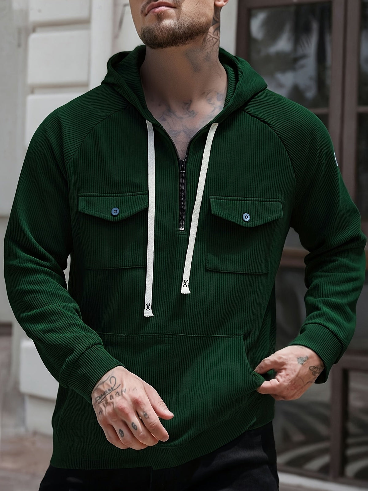 Men's Quarter-Zip Hoodie with Chest Pockets – Casual Wear, Outdoor Activities