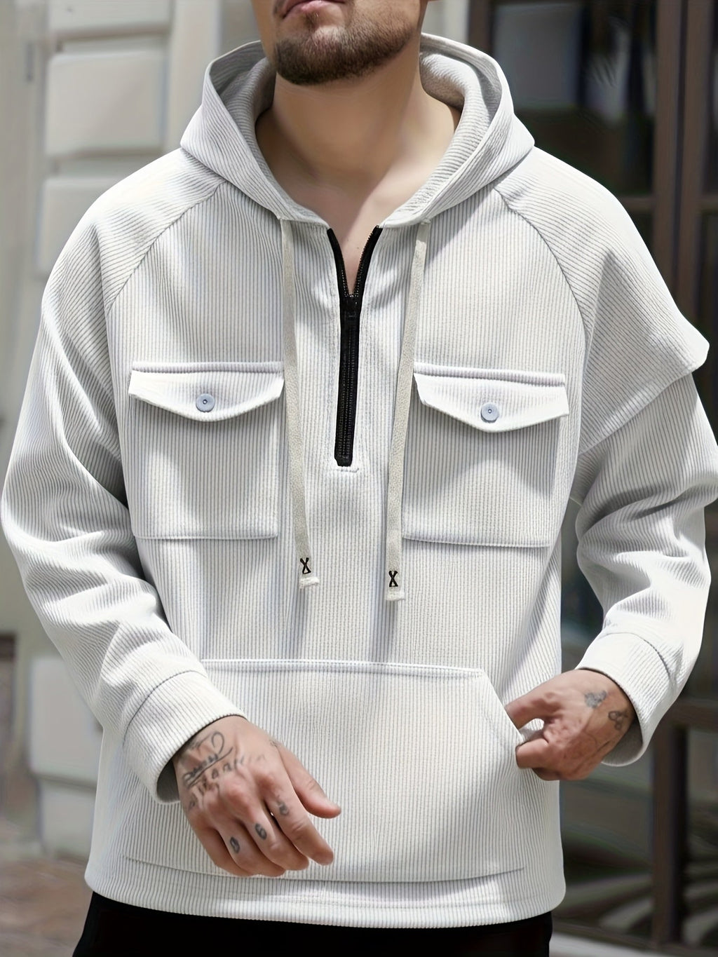 Men's Quarter-Zip Hoodie with Chest Pockets – Casual Wear, Outdoor Activities