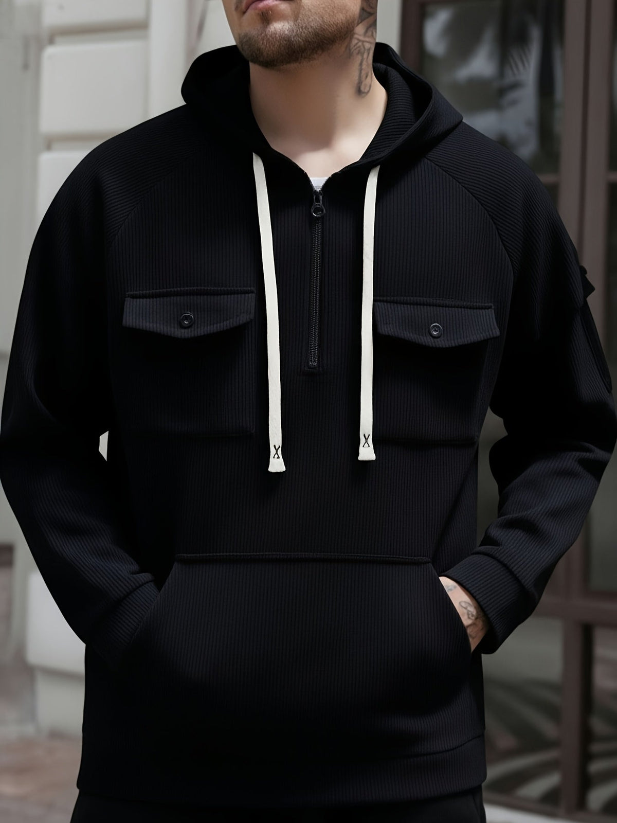 Men's Quarter-Zip Hoodie with Chest Pockets – Casual Wear, Outdoor Activities