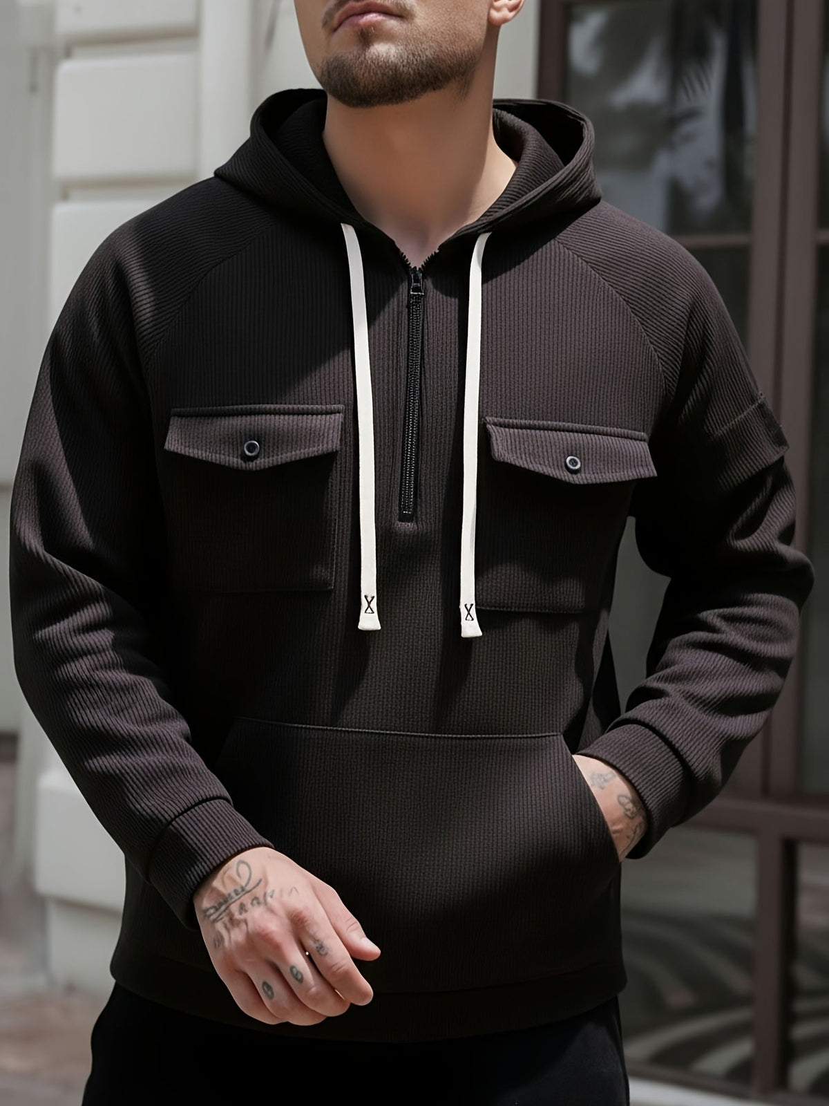 Men's Quarter-Zip Hoodie with Chest Pockets – Casual Wear, Outdoor Activities
