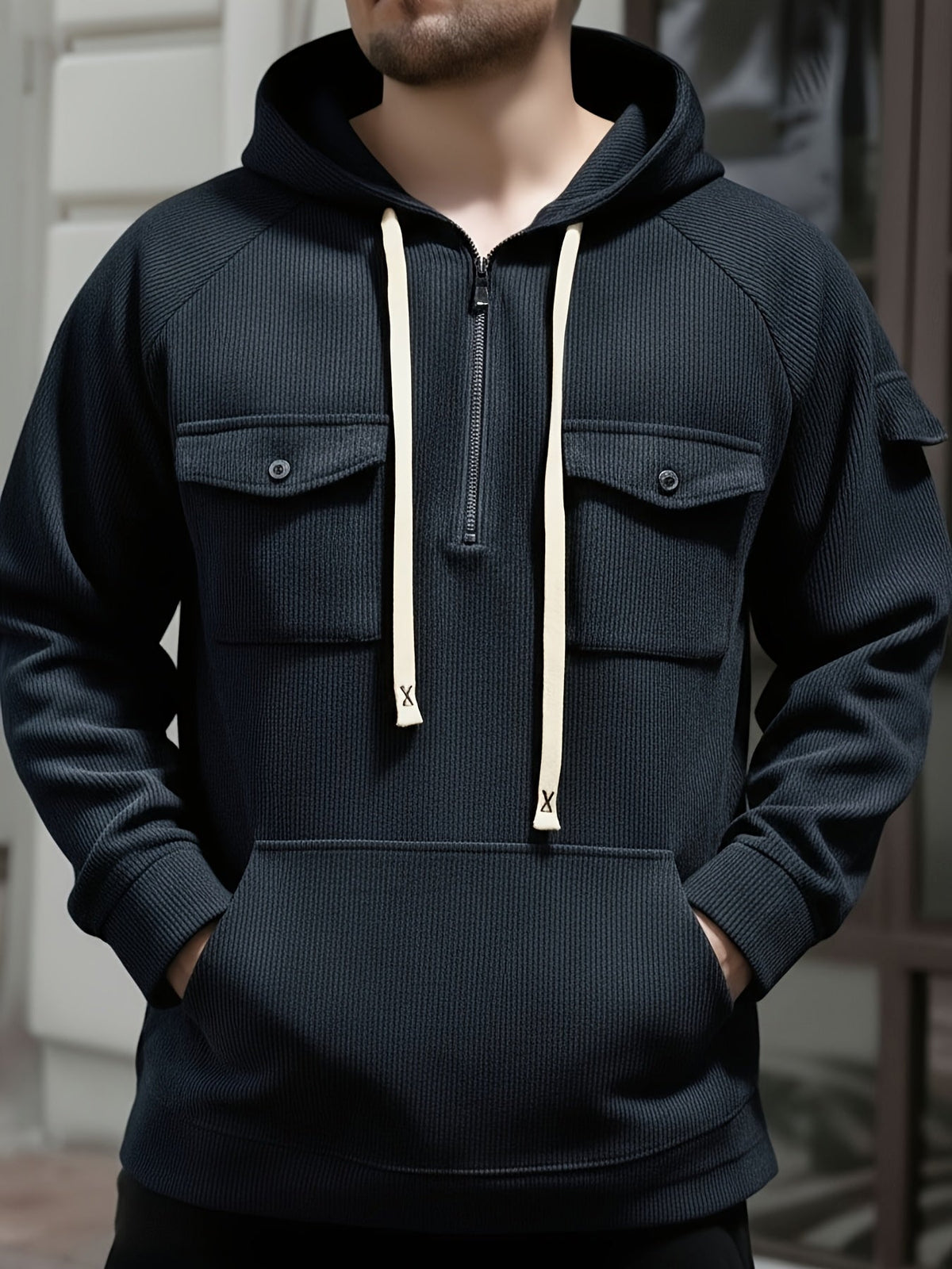 Men's Quarter-Zip Hoodie with Chest Pockets – Casual Wear, Outdoor Activities