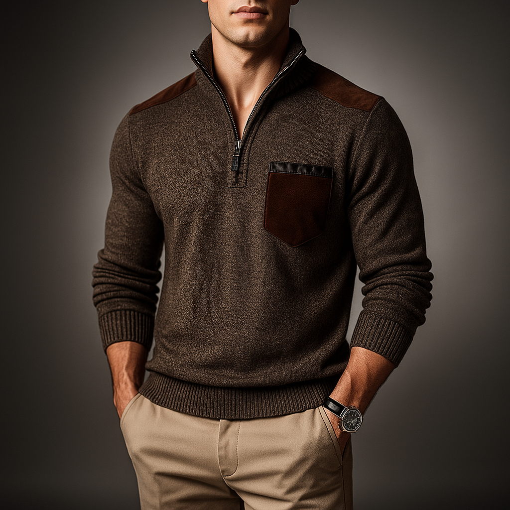 Men's Quarter-Zip Sweater with Contrast Details, High Collar – Casual, Office