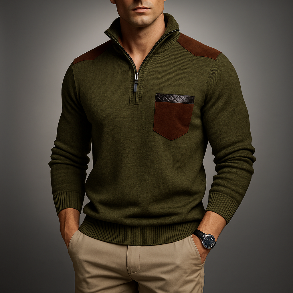 Men's Quarter-Zip Sweater with Contrast Details, High Collar – Casual, Office