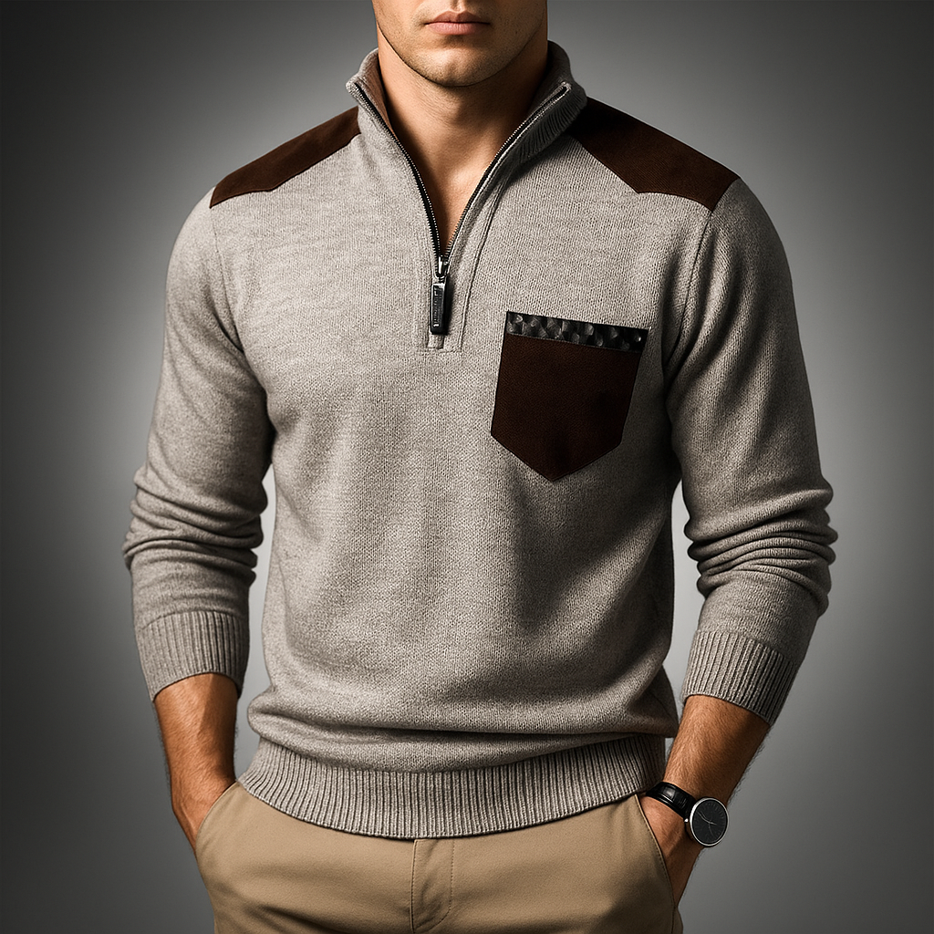 Men's Quarter-Zip Sweater with Contrast Details, High Collar – Casual, Office