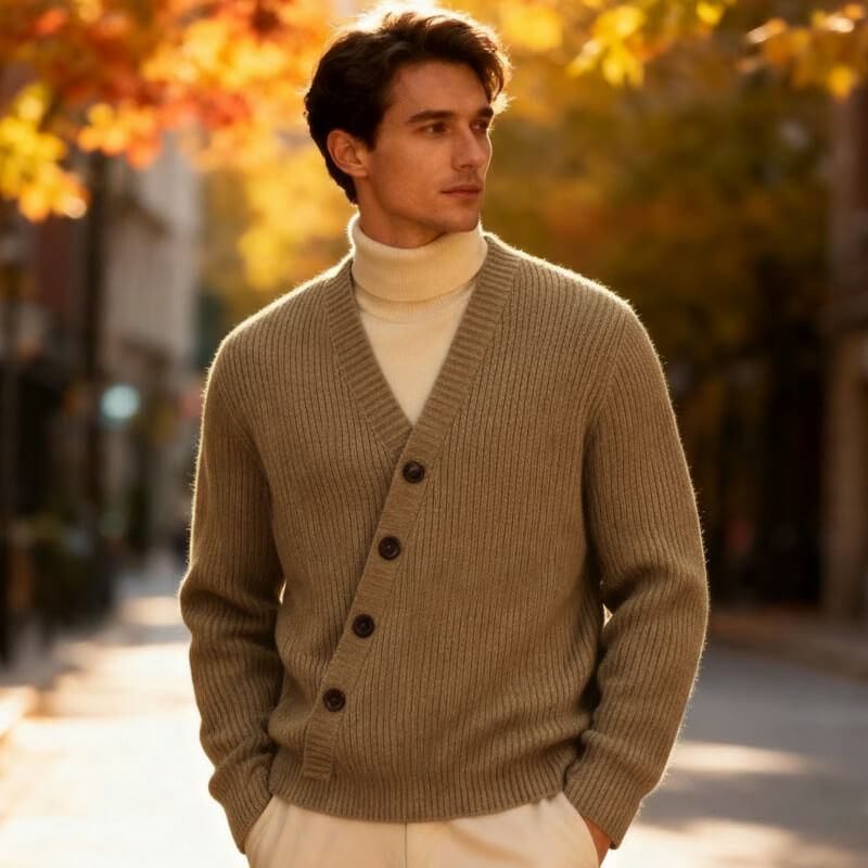 Men's V-Neck Cardigan - Ribbed Knit, Soft Fabric – Casual, Everyday Wear