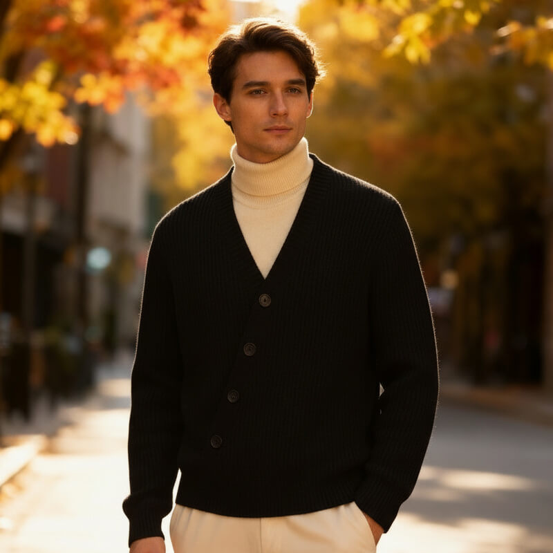 Men's V-Neck Cardigan - Ribbed Knit, Soft Fabric – Casual, Everyday Wear