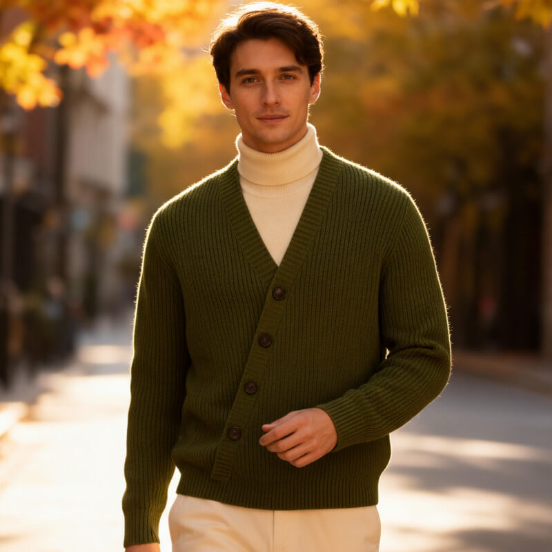 Men's V-Neck Cardigan - Ribbed Knit, Soft Fabric – Casual, Everyday Wear