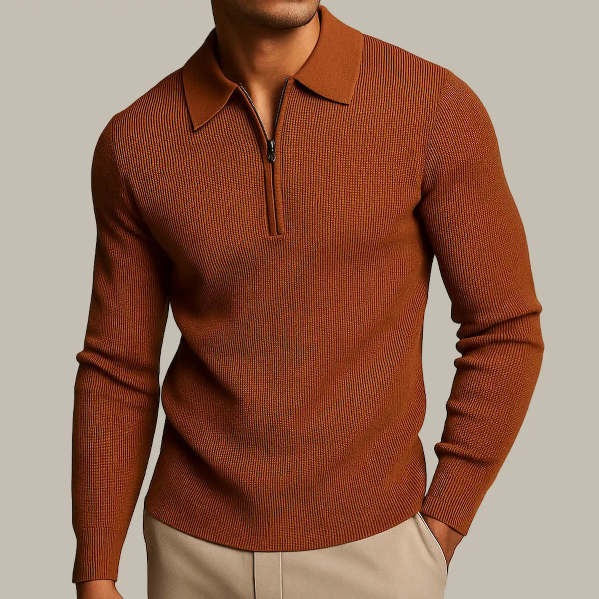 Men's Waffle-Knit Sweater with Zipper – Casual Wear, Layering