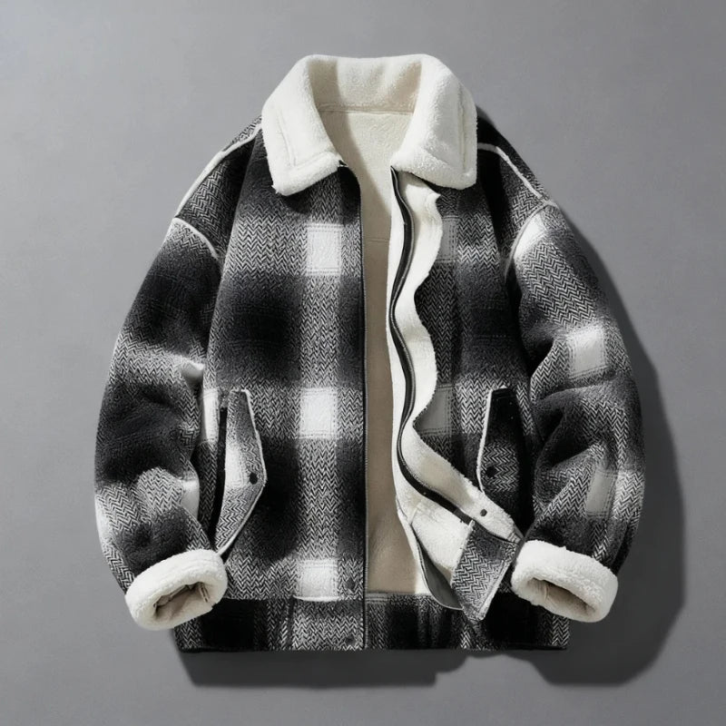 Men's Wool Jacket with Velvet Lining, Textured Plaid Weave – Casual, Office