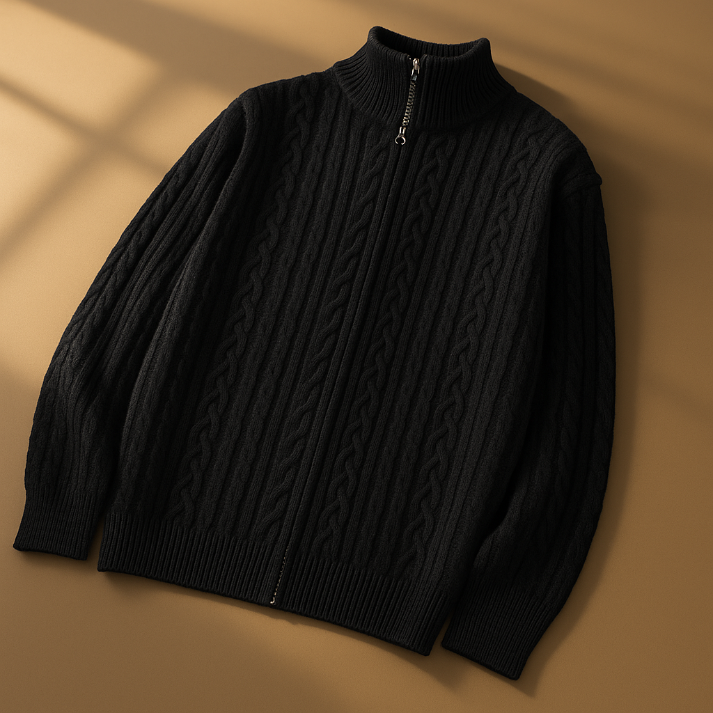 Men's Zip Cardigan with Textured Knit - High Collar, Casual Wear, Layering