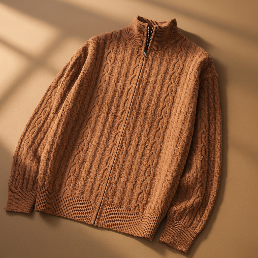 Men's Zip Cardigan with Textured Knit - High Collar, Casual Wear, Layering