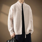 Men's Zip Cardigan with Textured Knit - High Collar, Casual Wear, Layering