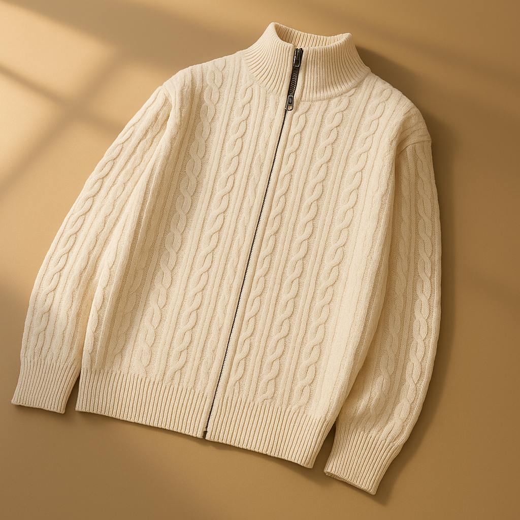 Men's Zip Cardigan with Textured Knit - High Collar, Casual Wear, Layering