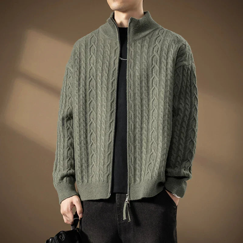 Men's Zip Cardigan with Textured Knit - High Collar, Casual Wear, Layering