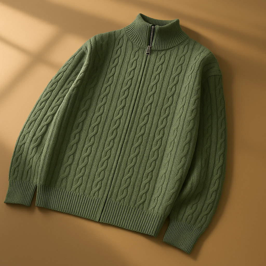 Men's Zip Cardigan with Textured Knit - High Collar, Casual Wear, Layering