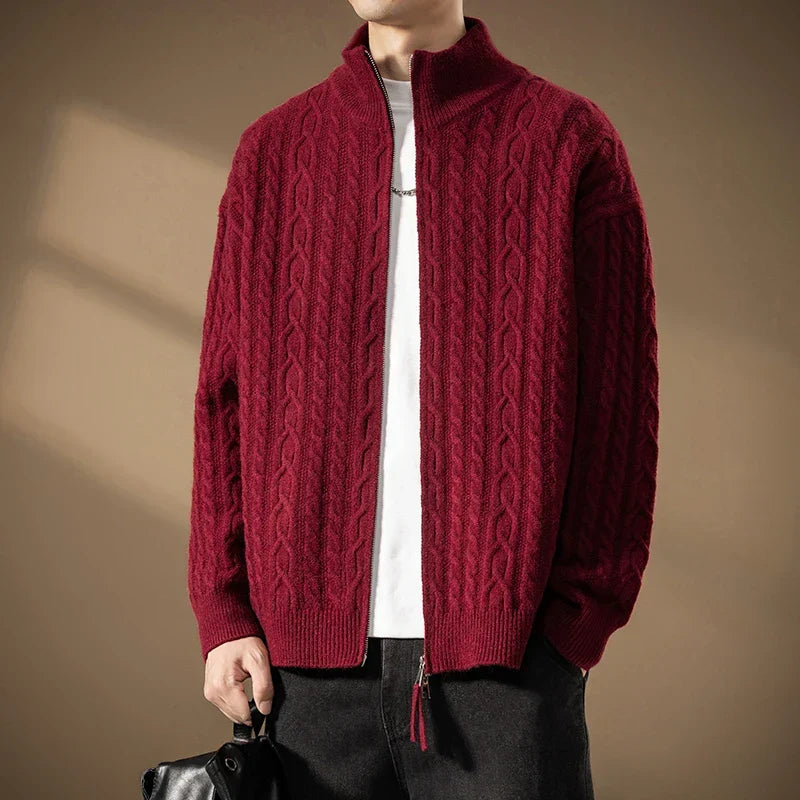 Men's Zip Cardigan with Textured Knit - High Collar, Casual Wear, Layering