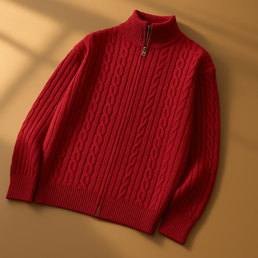 Men's Zip Cardigan with Textured Knit - High Collar, Casual Wear, Layering