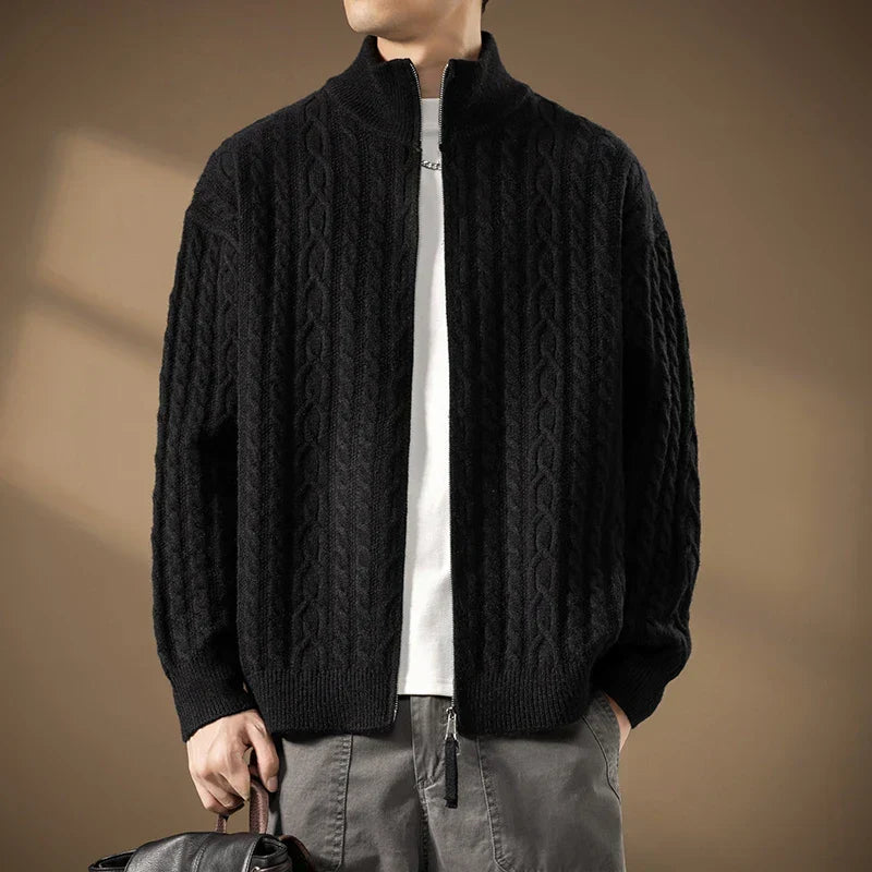 Men's Zip Cardigan with Textured Knit - High Collar, Casual Wear, Layering