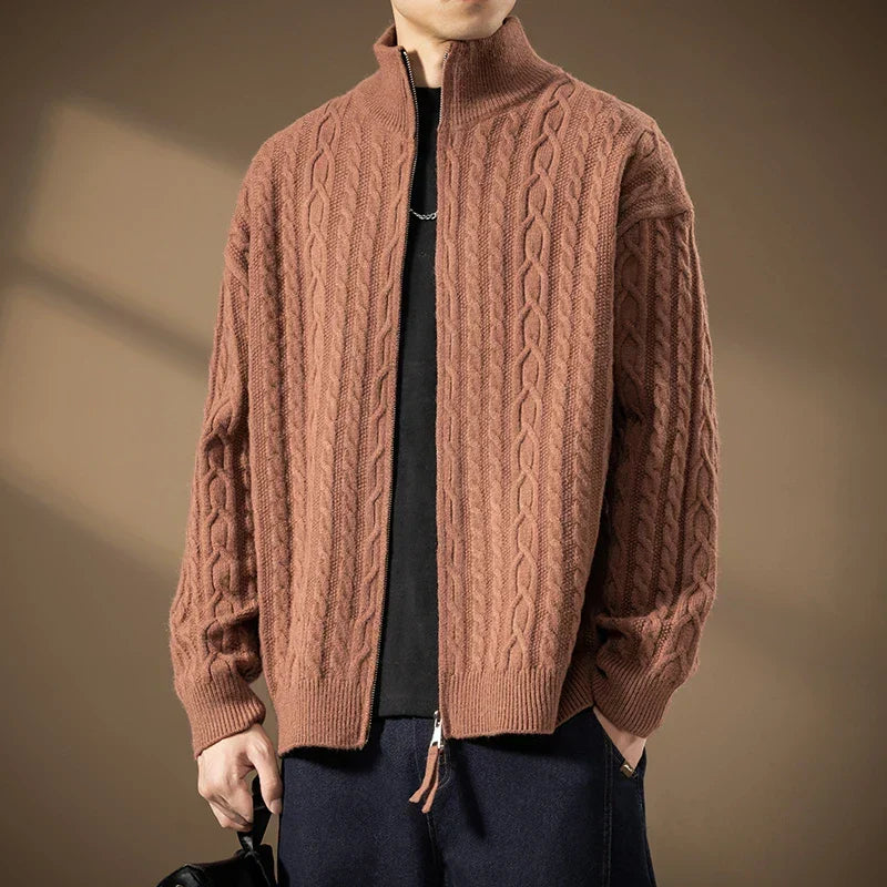 Men's Zip Cardigan with Textured Knit - High Collar, Casual Wear, Layering