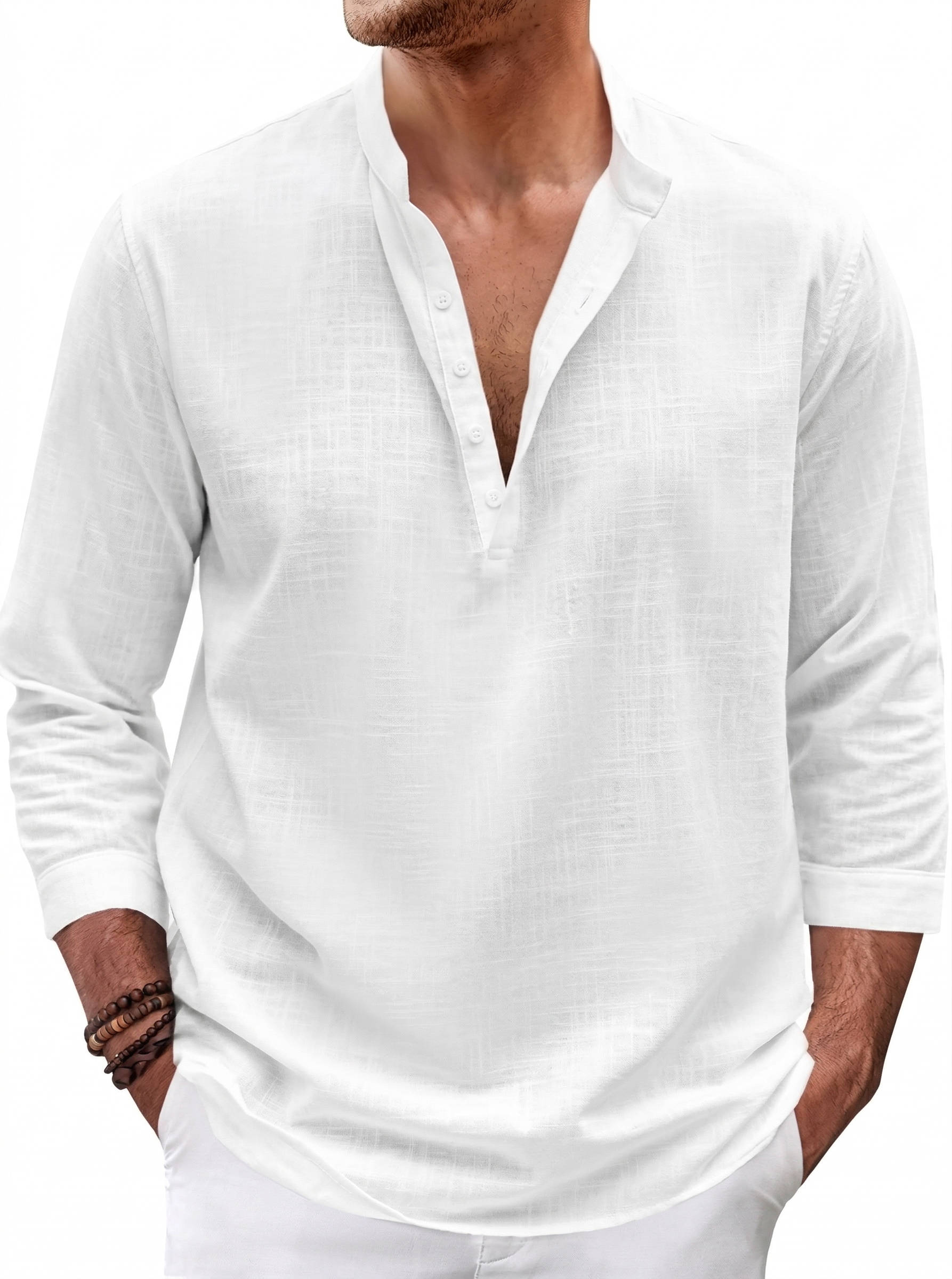 Men's Linen Blend Henley Shirt - 3/4 Sleeve Casual Top with Stand Collar