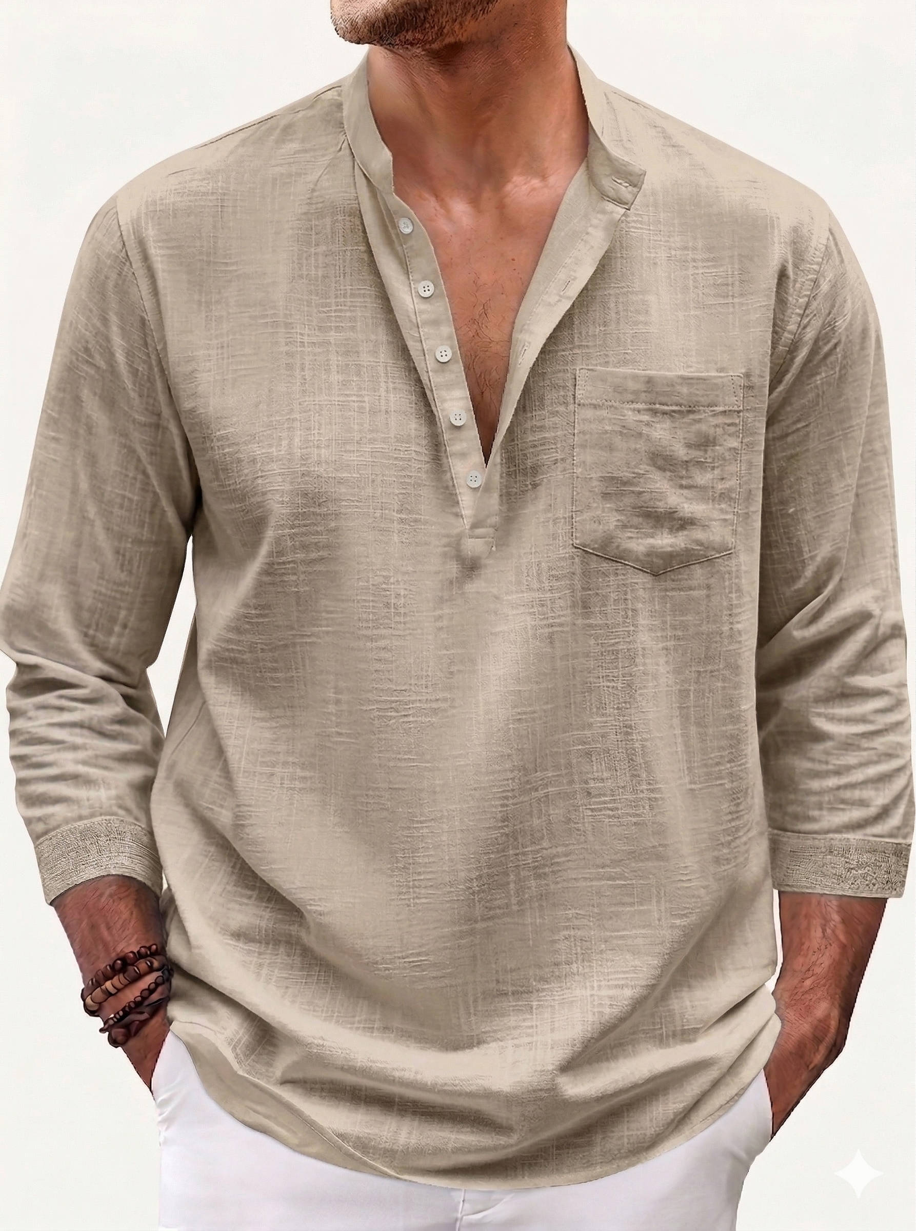 Men's Linen Blend Henley Shirt - 3/4 Sleeve Casual Top with Stand Collar