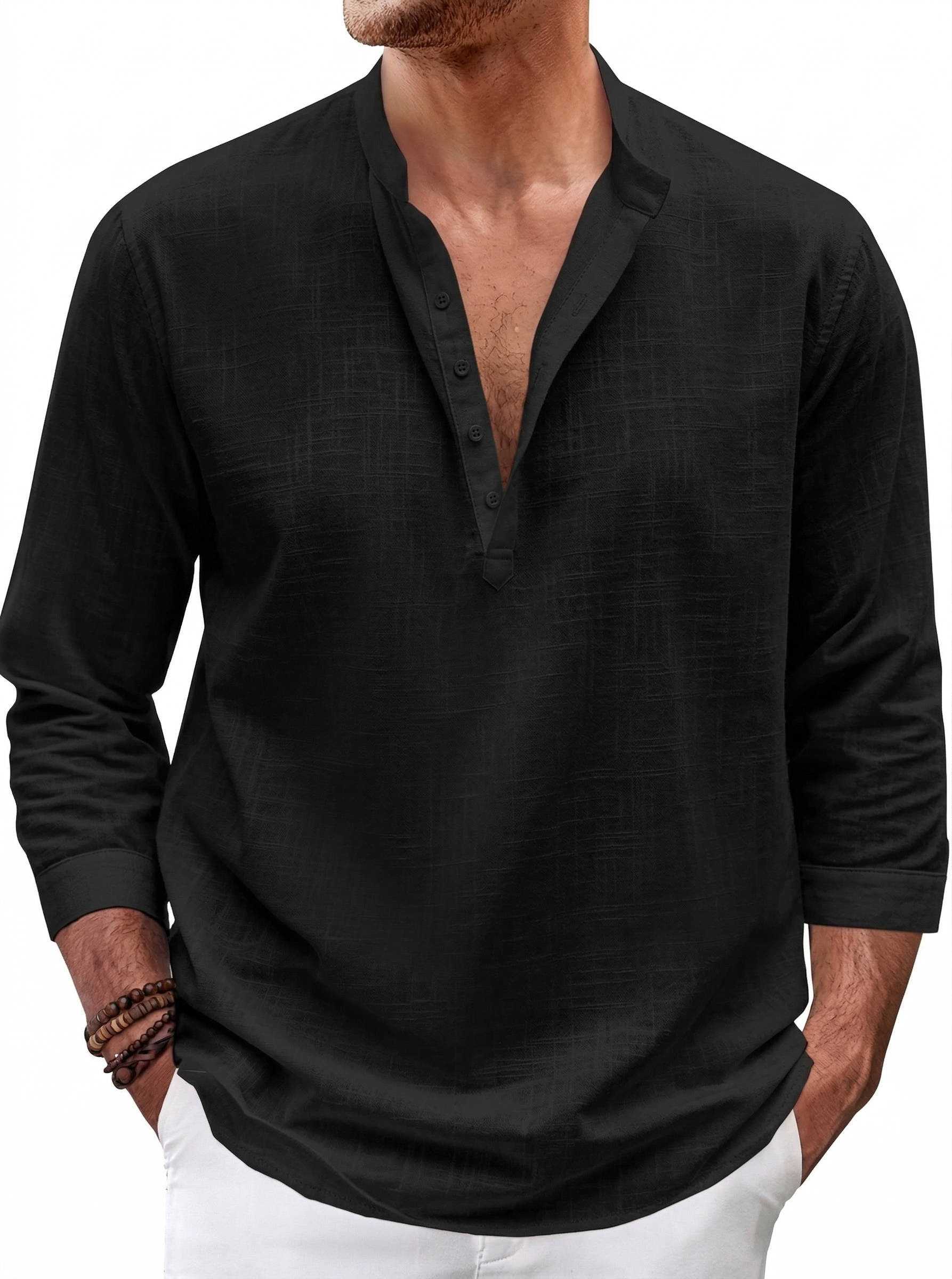 Men's Linen Blend Henley Shirt - 3/4 Sleeve Casual Top with Stand Collar