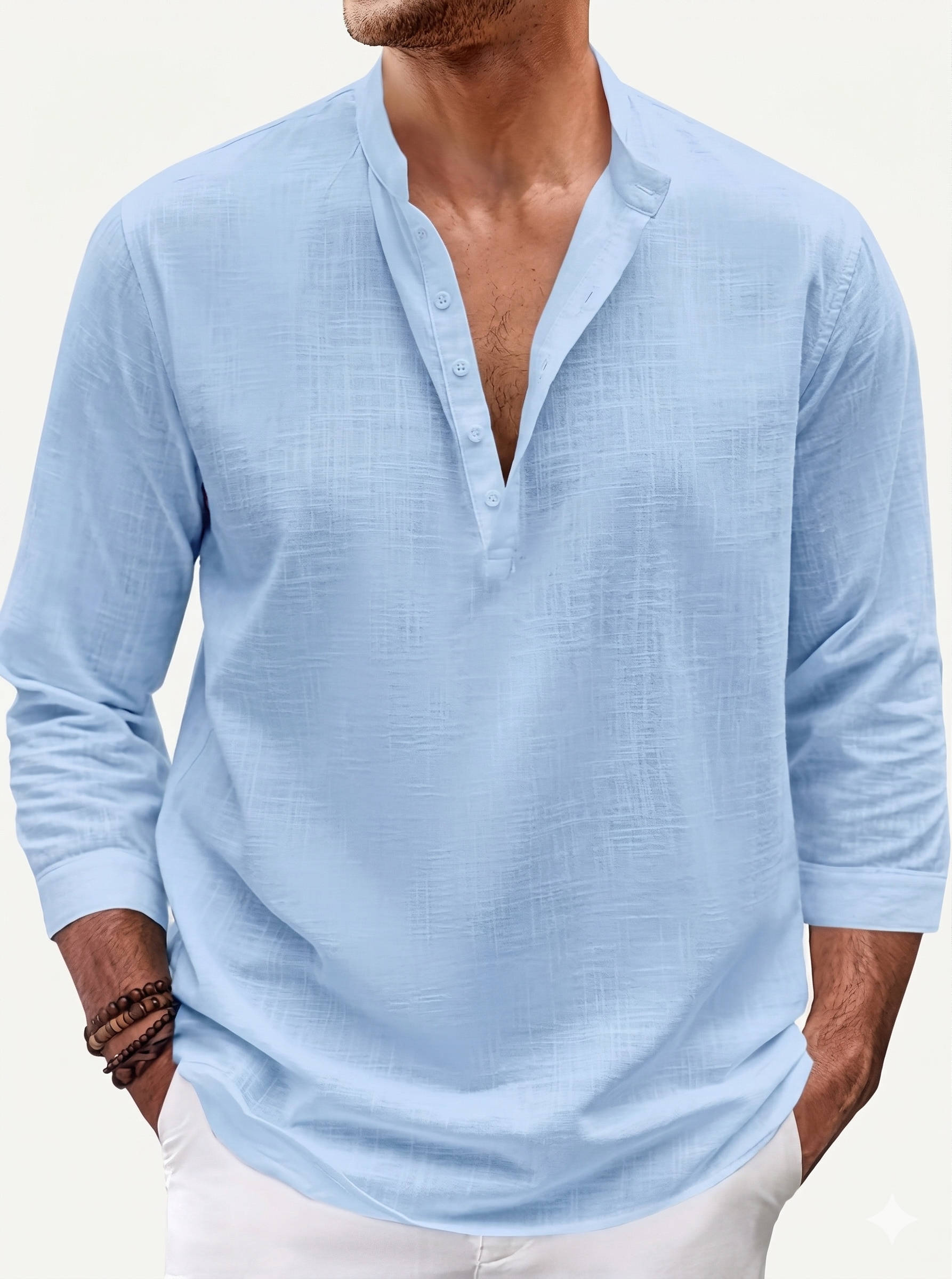 Men's Linen Blend Henley Shirt - 3/4 Sleeve Casual Top with Stand Collar