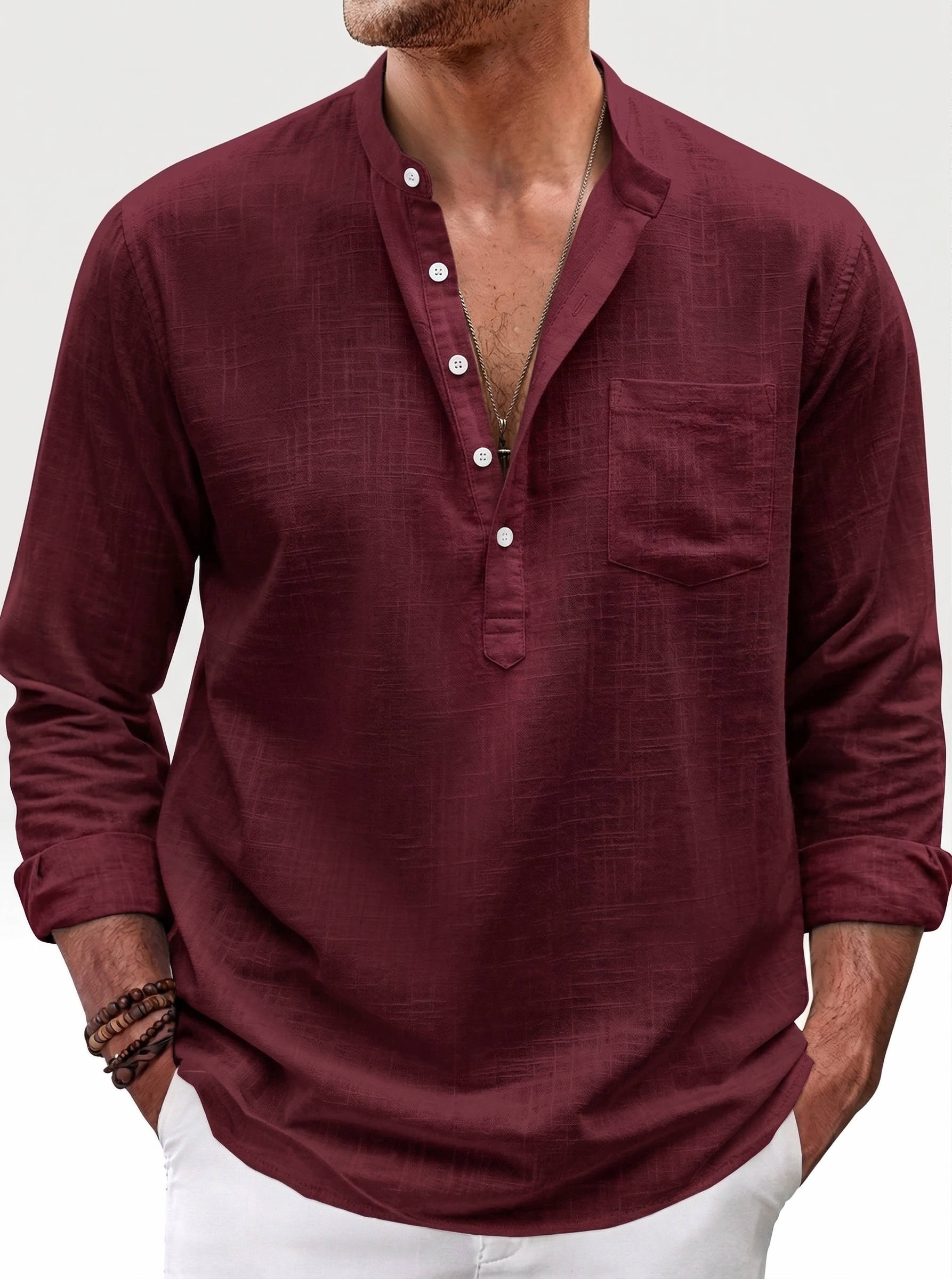 Men's Cotton Linen Henley Shirt - 3/4 Sleeve Casual Summer Top